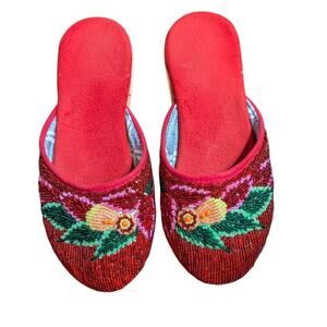 Vintage Red Beaded Floral Flats House Slippers 5.5